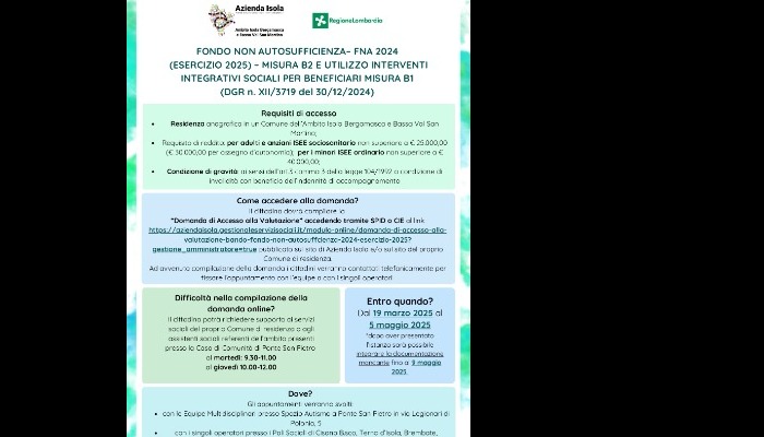 AVVISO PUBBLICO PER L’EROGAZIONE DI BUONI/INTERVENTI INTEGRATIVI SOCIALI A FAVORE DI PERSONE CON DISABILITÀ GRAVE/GRAVISSIMA O IN CONDIZIONE DI NON AUTOSUFFICIENZA – FNA 2024 (ESERCIZIO 2025)